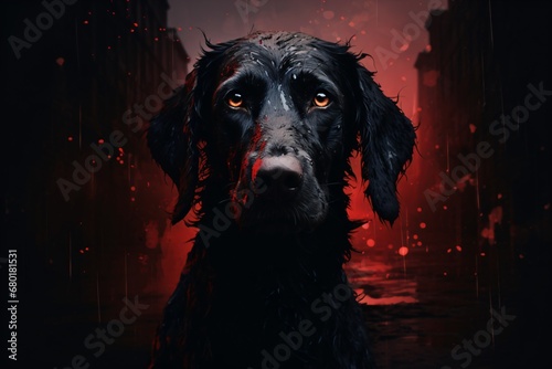 A scary and haunted dog in a dark and blood-themed scene