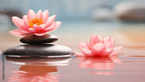 Serene water lily on a smooth stone with calm water, ideal for spa, wellness, and meditation themes.