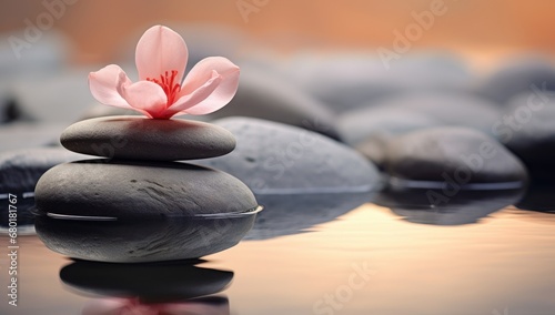 Serene water lily on a smooth stone with calm water  ideal for spa  wellness  and meditation themes.