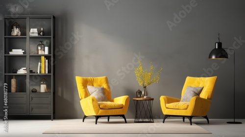  a living room with two yellow chairs next to a table with a vase of flowers on it and a bookcase with books on the other side of the room. photo