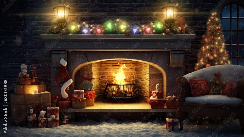 fireplace with christmas decorations. seamless looping time-lapse virtual video animation background. fireplace with christmas decorations. seamless looping time-lapse virtual video animation background.