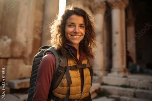 Portrait of a joyful woman in her 30s dressed in a thermal insulation vest against a backdrop of ancient ruins. AI Generation photo