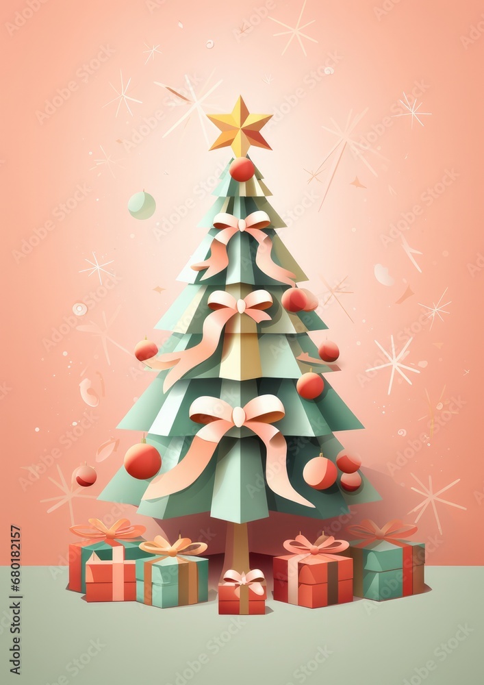 Fototapeta premium Decorated christmas tree with presents , simple illustration greeting card. Generative Ai.