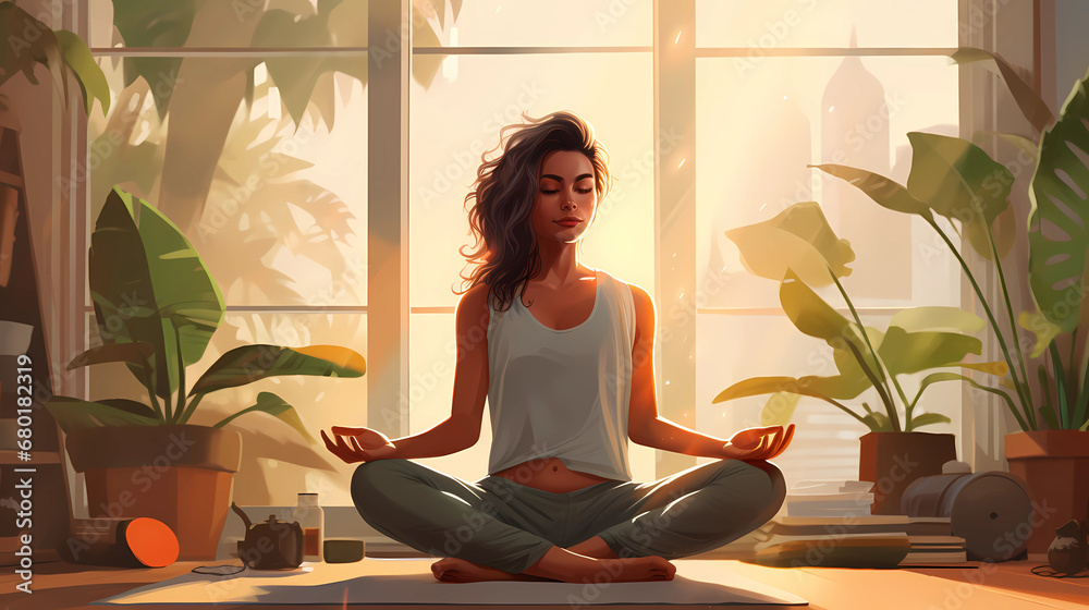 
Illustration of a woman practicing meditation, yoga, relaxation in her calm and cozy home, with tranquility, peaceful mind, well-being and serenity - Generated by Generative AI
