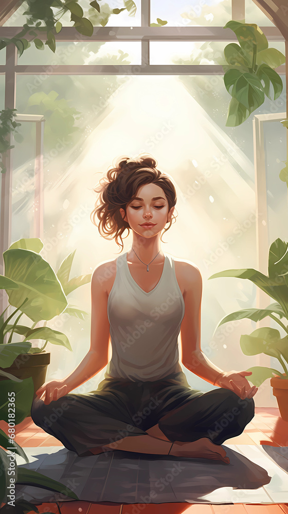 Illustration of a woman practicing meditation, yoga, relaxation in her calm and cozy home, with tranquility, peaceful mind, well-being and serenity - Generated by Generative AI
Illustration of a woman practicing meditation, yoga, relaxation in her calm and cozy home, with tranquility, peaceful mind, well-being and serenity - Generated by Generative AI