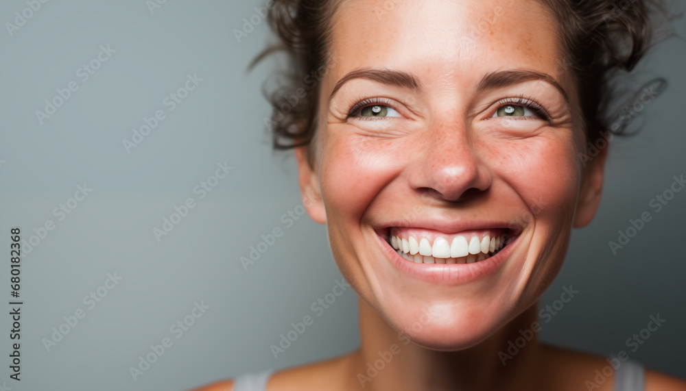 Radiant Smiles: A Close-up Portrait of a Joyful Woman, Expressing Happiness and Natural Beauty Radiant Smiles: A Close-up Portrait of a Joyful Woman, Expressing Happiness and Natural Beauty