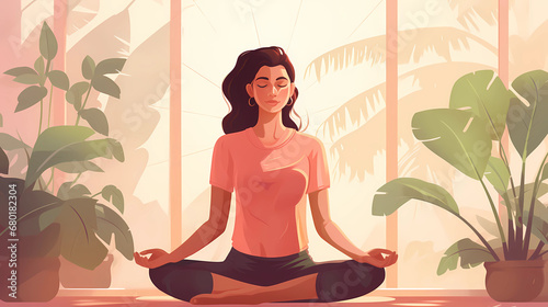  Illustration of a woman practicing meditation, yoga, relaxation in her calm and cozy home, with tranquility, peaceful mind, well-being and serenity - Generated by Generative AI