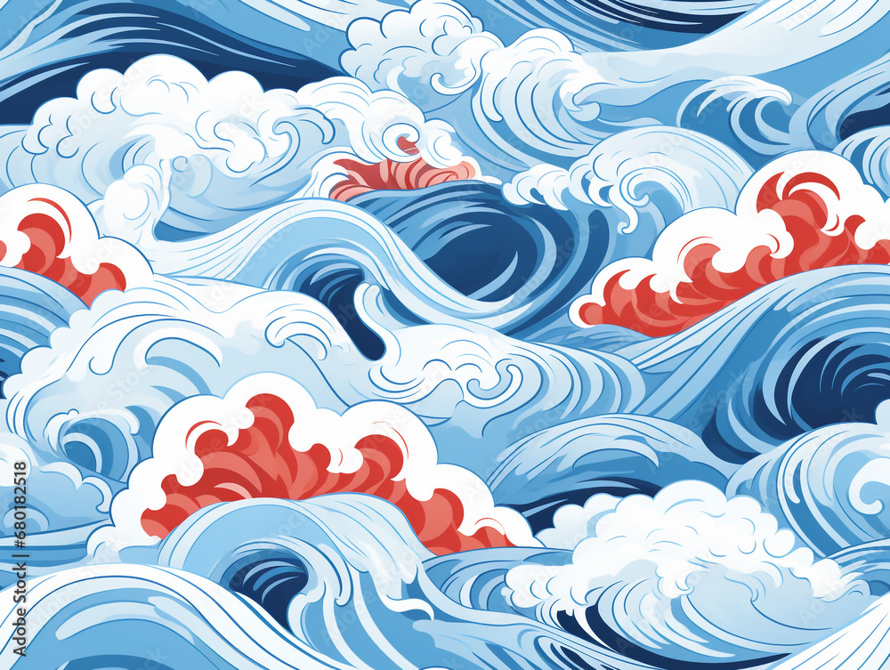 Traditional illustration of bombora Chinese / Japanese ocean waves. The waves are big and choppy. Tile style,