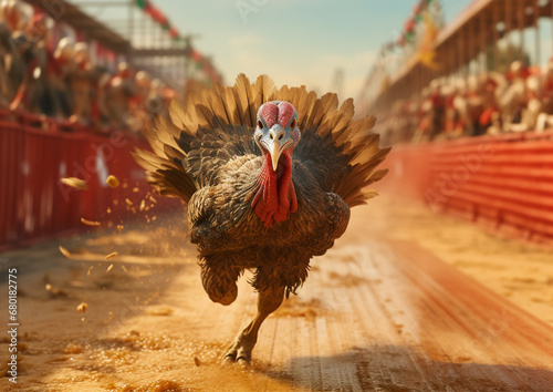 A cartoon turkey runs in a race. High quality photo