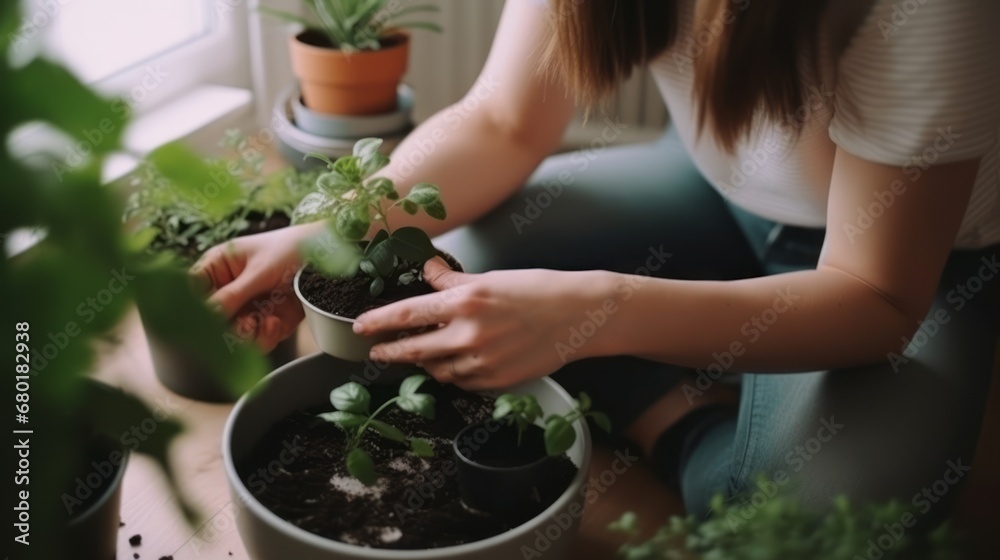 Young female woman gardener growing plants and holding pot in greenhouse and plant nursery. Home gardening concept Young female woman gardener growing plants and holding pot in greenhouse and plant nursery. Home gardening concept