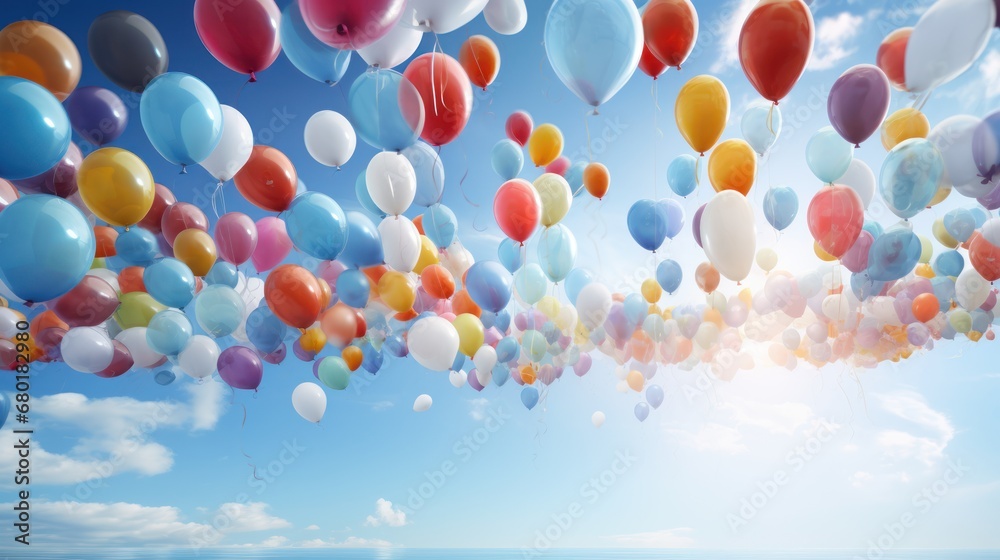  a bunch of balloons floating in the air on a sunny day with a blue sky and white clouds in the background and the sun shining through the balloons in the air.