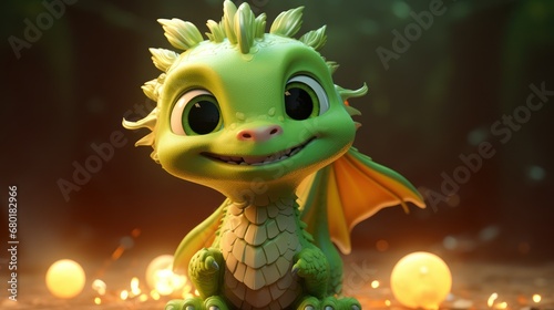  a little green dragon sitting on top of a floor next to a pile of lit up candles on a dark surface with lights behind it and a dark green background. © Anna