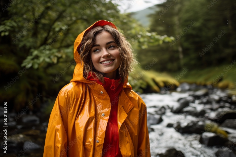 Portrait of a content woman in her 30s wearing a vibrant raincoat against a tranquil forest stream. AI Generation Portrait of a content woman in her 30s wearing a vibrant raincoat against a tranquil forest stream. AI Generation