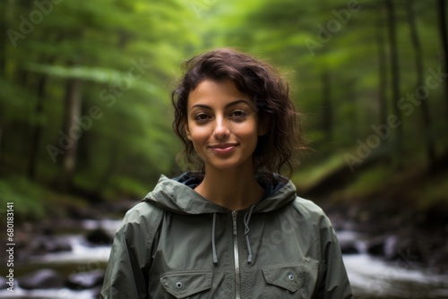 Portrait of a tender woman in her 30s wearing a lightweight packable anorak against a tranquil forest stream. AI Generation photo