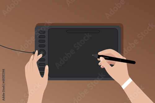 Vector cartoon vector illustration of a graphic tablet of close hands, a girl holds a stylus and draws on a graphic tablet close-up.