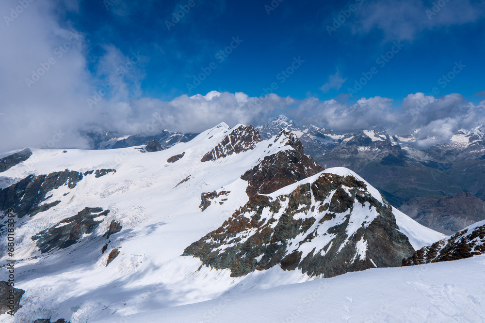 The Spaghetti Tour is a traverse of the Monte Rosa massif. Winter snow covered mountain peaks in Europe. Great place for winter sports.