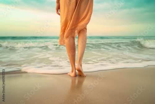 Feet in sand by the ocean