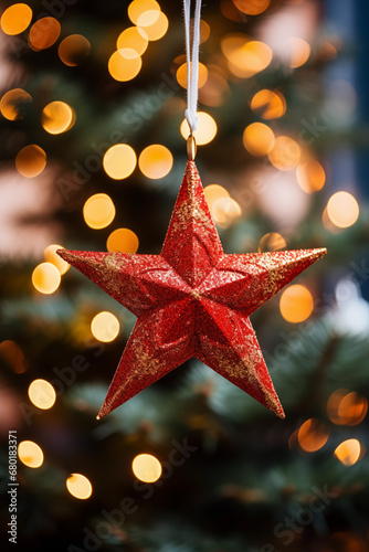 one red star christmas ornament bauble decoration close up hanging in tree from thread with gold bokeh