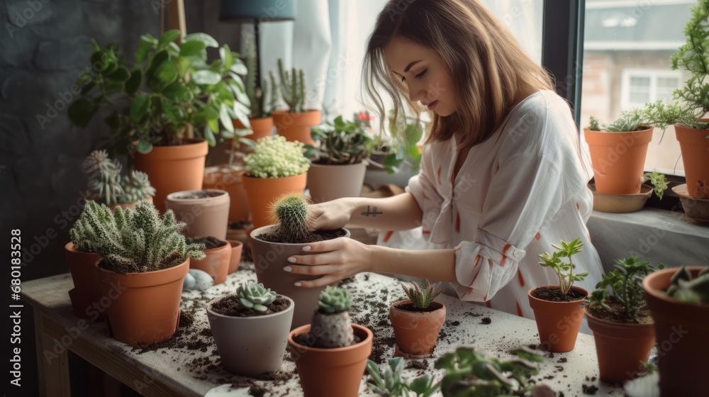 Young female woman gardener growing plants and holding pot in greenhouse and plant nursery. Home gardening concept Young female woman gardener growing plants and holding pot in greenhouse and plant nursery. Home gardening concept