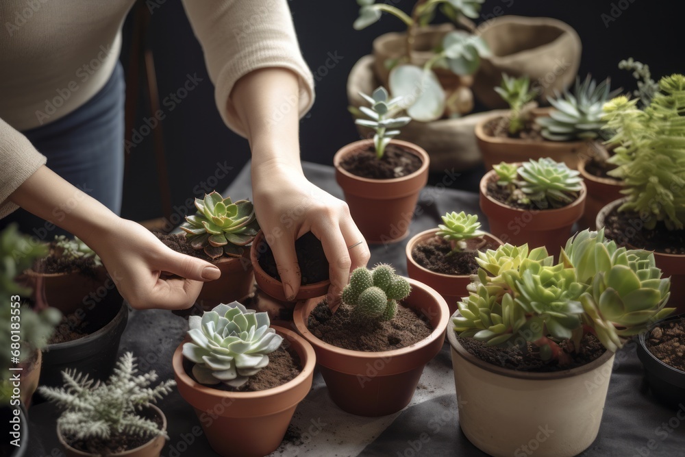Young female woman gardener growing plants and holding pot in greenhouse and plant nursery. Home gardening concept Young female woman gardener growing plants and holding pot in greenhouse and plant nursery. Home gardening concept