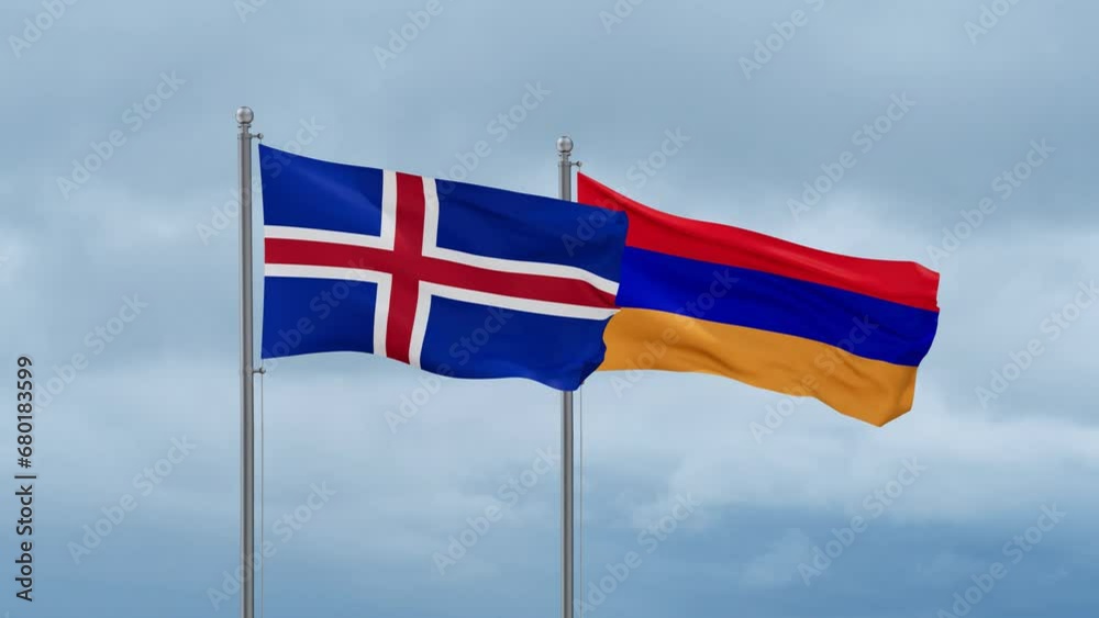 Armenia and Iceland flag waving together on cloudy sky, endless seamless loop, two country cooperation concept Armenia and Iceland flag waving together on cloudy sky, endless seamless loop, two country cooperation concept