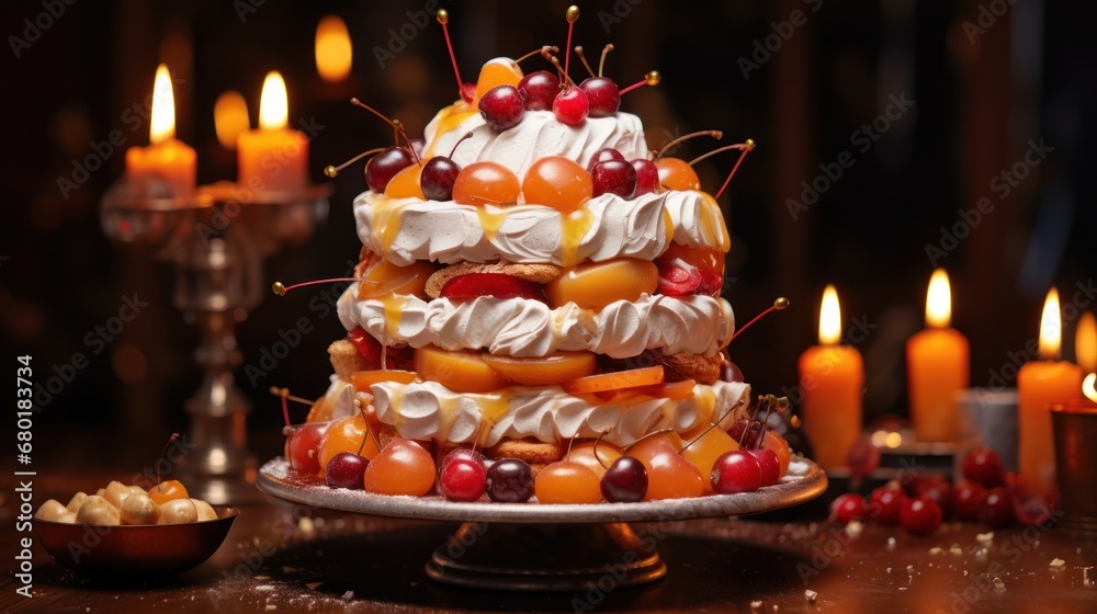 a cake sitting on top of a table next to a bowl of cherries and a candelabra filled with oranges and cherries on top of the cake. a cake sitting on top of a table next to a bowl of cherries and a candelabra filled with oranges and cherries on top of the cake.