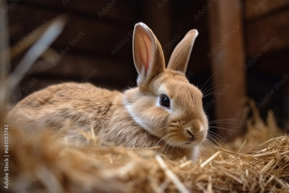 rabbit in a wooden cage with fresh hay.breeding rabbits on a farm rabbit in a wooden cage with fresh hay.breeding rabbits on a farm