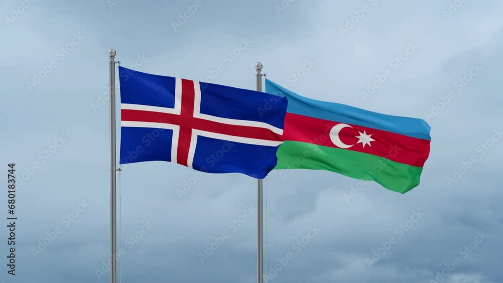 Azerbaijan and Iceland flag waving together on cloudy sky, endless seamless loop, two country cooperation concept Azerbaijan and Iceland flag waving together on cloudy sky, endless seamless loop, two country cooperation concept