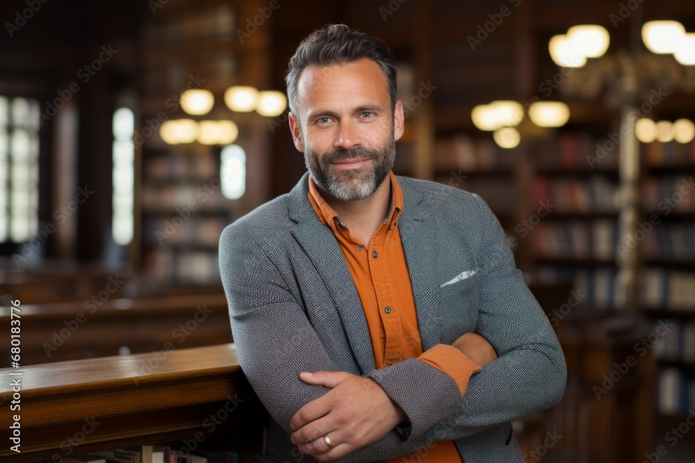 Portrait of a cheerful man in his 40s wearing a chic cardigan against a classic library interior. AI Generation Portrait of a cheerful man in his 40s wearing a chic cardigan against a classic library interior. AI Generation