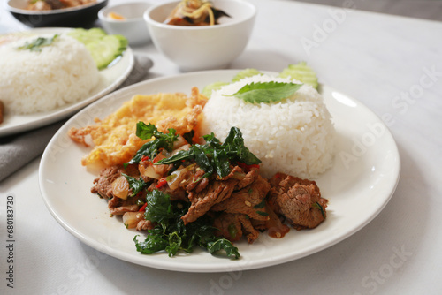 Stir Fried Beef with Tree Basil Leave. /Thai food
