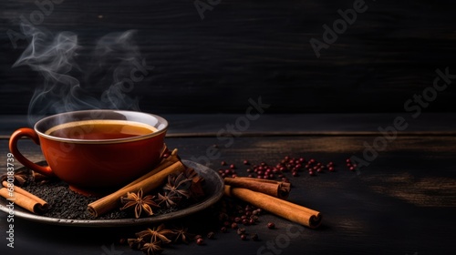  a cup of tea on a saucer surrounded by cinnamon sticks and star anise on a dark wooden surface with smoke coming out of the top of the cup.