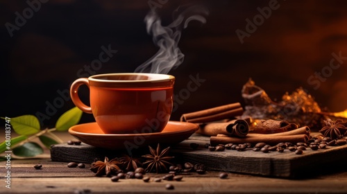  a cup of coffee sitting on top of a wooden table next to a pile of cinnamons and anisette on top of a wooden board with smoke coming out of it.