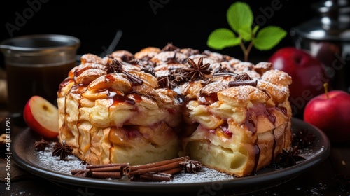  a cake sitting on top of a plate covered in powdered sugar and topped with a slice cut out of it and topped with an apple and chocolate sprinkles.