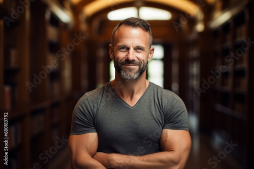 Portrait of a blissful man in his 40s sporting a breathable hiking shirt against a classic library interior. AI Generation © CogniLens