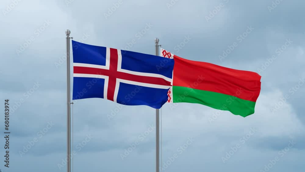 Belarus and Iceland flag waving together on cloudy sky, endless seamless loop, two country cooperation concept Belarus and Iceland flag waving together on cloudy sky, endless seamless loop, two country cooperation concept