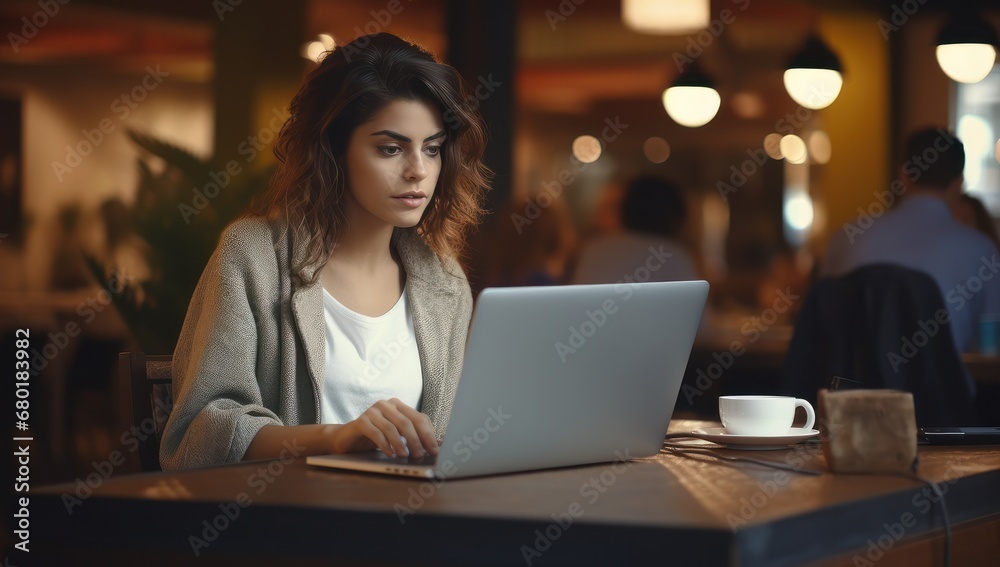 Focused young woman working on a laptop in a cafe, embodying remote work and modern lifestyle.