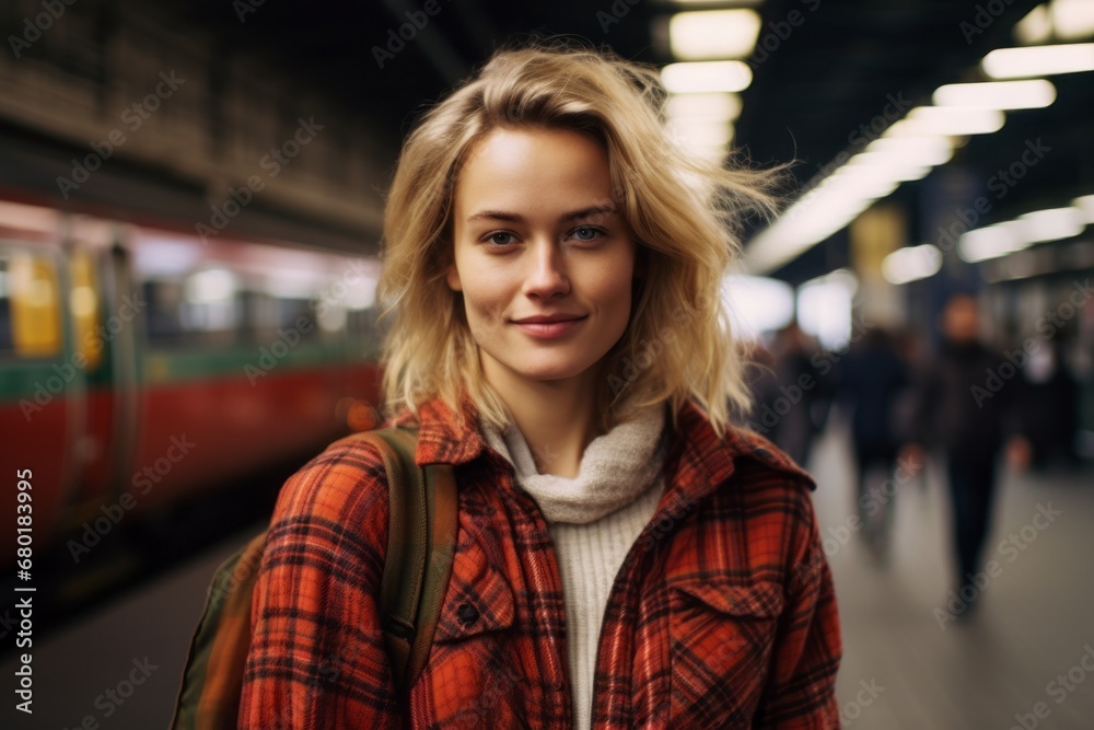 Portrait of a glad woman in her 30s dressed in a relaxed flannel shirt against a modern city train station. AI Generation