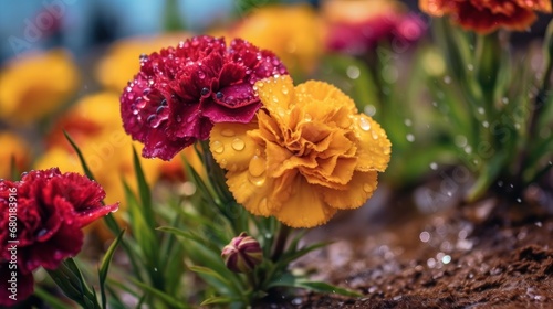 Beautiful colorful carnation flower with water drops in the garden.