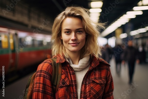 Portrait of a glad woman in her 30s dressed in a relaxed flannel shirt against a modern city train station. AI Generation