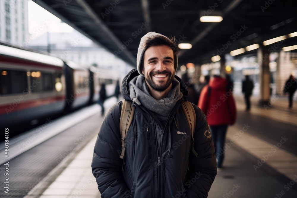 Portrait of a grinning man in his 30s wearing a thermal fleece pullover against a modern city train station. AI Generation Portrait of a grinning man in his 30s wearing a thermal fleece pullover against a modern city train station. AI Generation