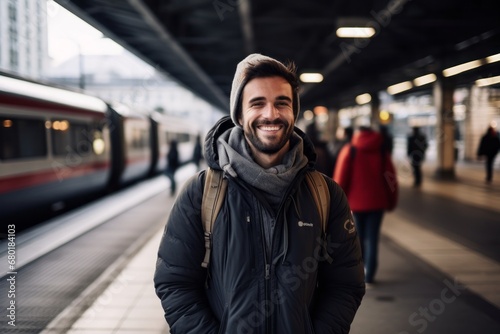 Portrait of a grinning man in his 30s wearing a thermal fleece pullover against a modern city train station. AI Generation