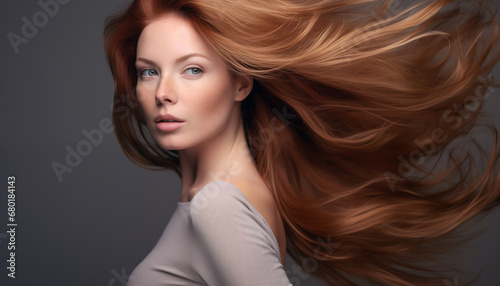 Mesmerizing Beauty: Studio Capture of a Fashionable Redhead, Only Woman in Frame, Long Hair and Glamorous Style on Full Display.