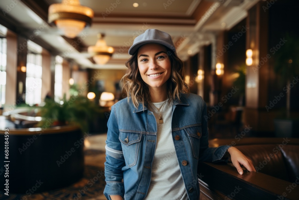 Portrait of a happy woman in her 30s sporting a rugged denim jacket against a luxurious hotel lobby. AI Generation