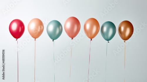  a row of multicolored balloons with a string in the middle of the row  all of which are red  orange  green  blue  and pink.