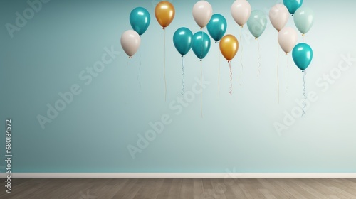  a bunch of balloons floating in the air in a room with a light blue wall and wooden floor and a wooden floor in front of the room is a light blue wall.