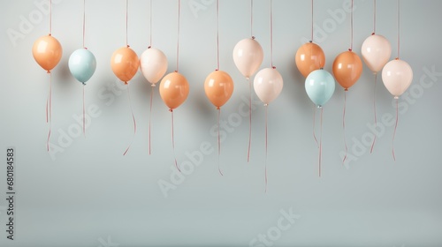  a group of balloons hanging from a string on a gray wall with a light blue wall in the background and a light blue wall in the middle of the background. photo