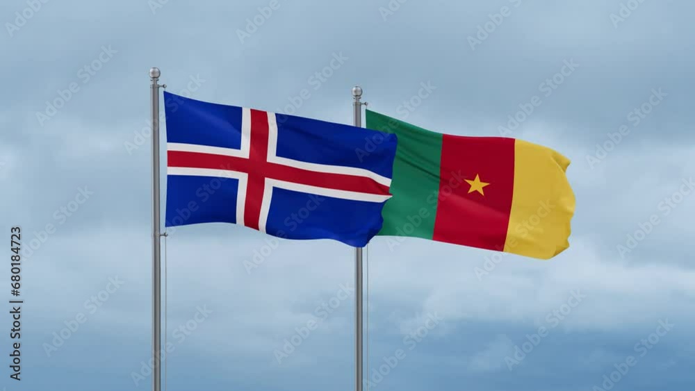 Cameroon flag and Iceland flag waving together on cloudy sky, endless seamless loop, two country relations concept