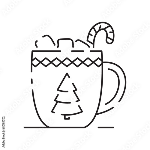 Christmas and winter hot chocolate Cup of hot cocoa with marshmallows and candy cane isolated on a white background. Vector holiday and Christmas designs