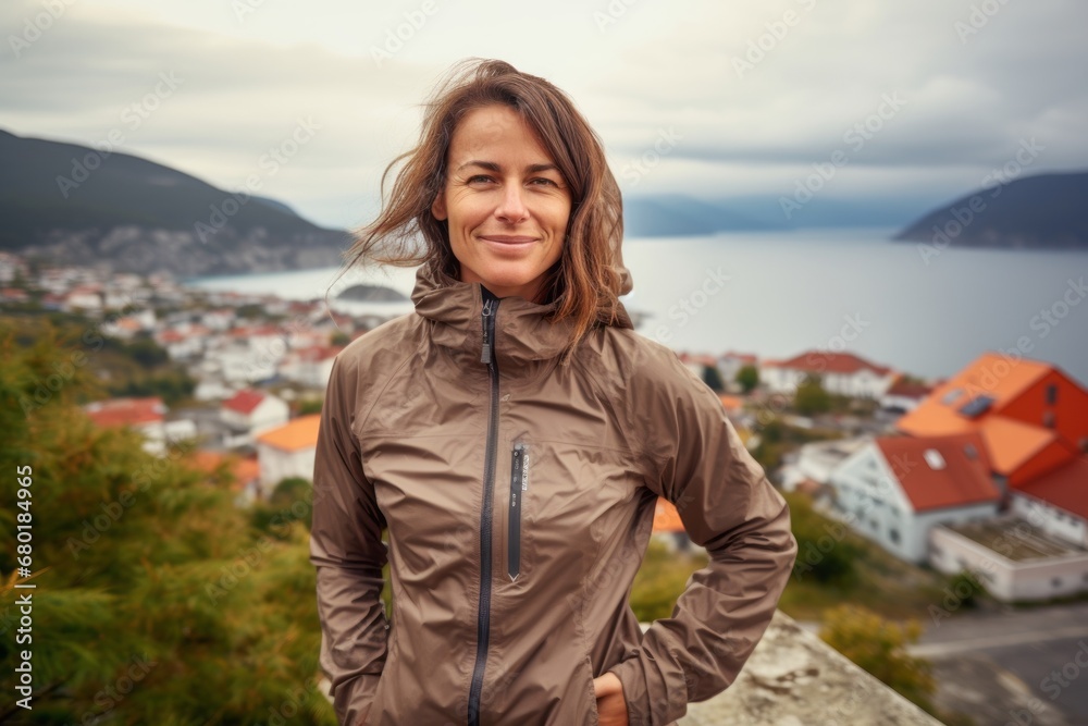 Portrait of a glad woman in her 40s wearing a functional windbreaker against a picturesque seaside village. AI Generation