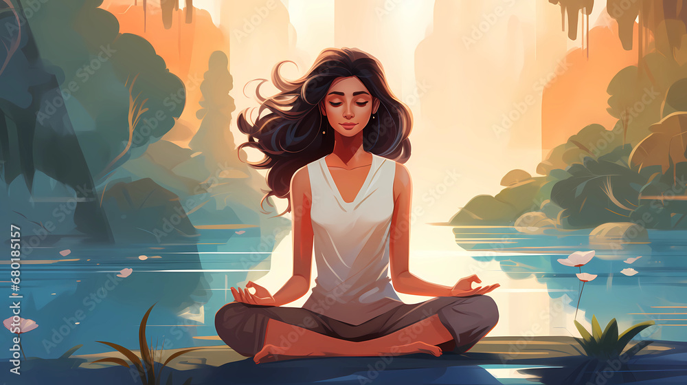  Illustration of a woman practicing meditation, yoga, relaxation in calm park, with tranquility, peaceful mind, well-being and serenity - Generated by Generative AI